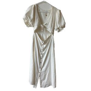 White Puff Sleeve Dress Halter Top Smocked Back Women's Large Tie Front Buttons